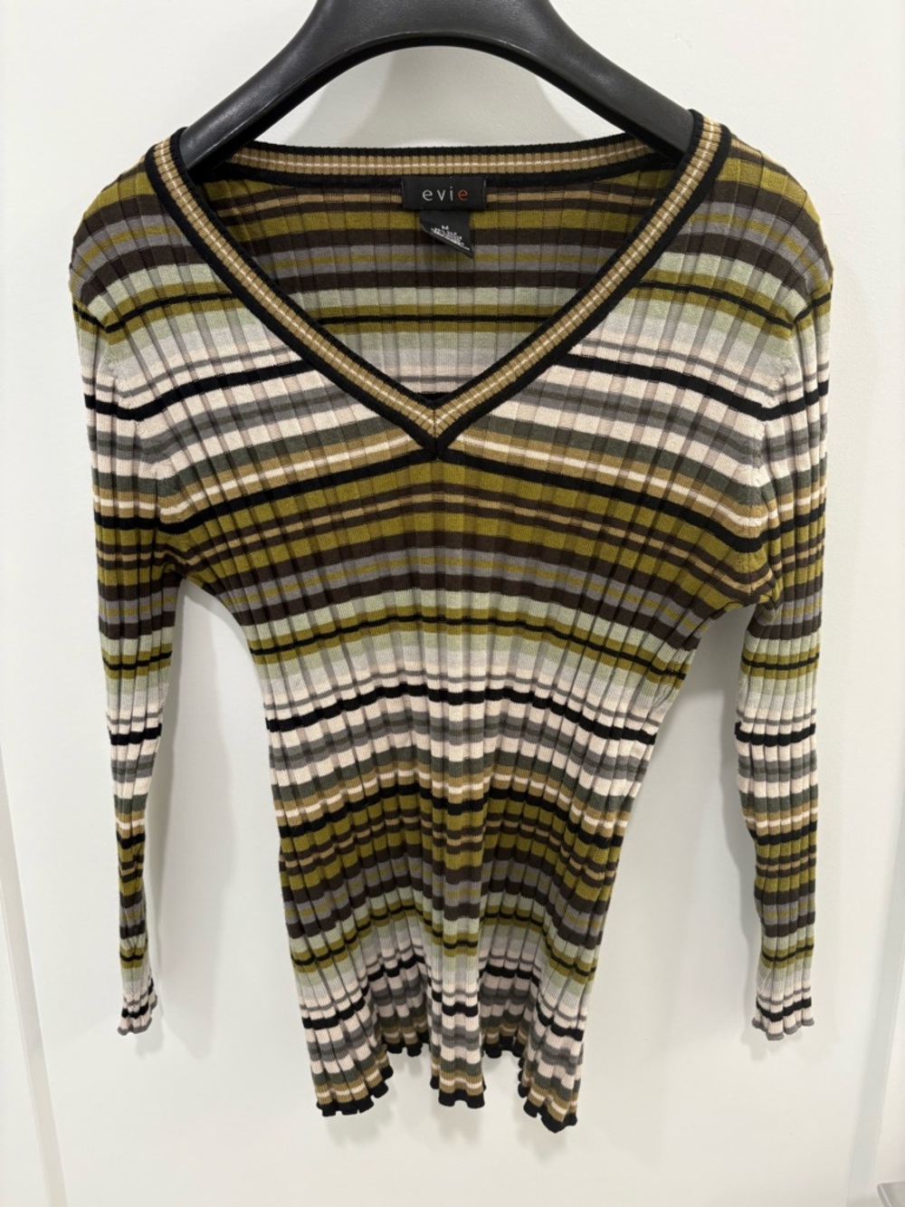 Vintage Y2K Striped Silk Blend V Neck Knit Stretchy Sweater Size Medium